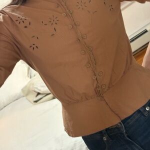 Doen Blush/Tan Embroidered Button-up Blouse